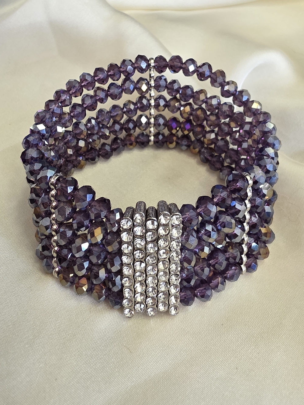 Purple And White Austrian Crystal Stretch Bracelet